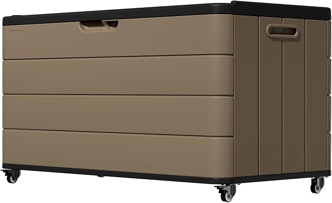 Mrosaa 110 Gallon Deck Box Waterproof with Wheels - Mobile Double-Wall Resin Outdoor Storage Box for Patio, Pool, & Garden - Lockable Deck Storage for Cushions, Pool Floats, Boat Slip (Brown)