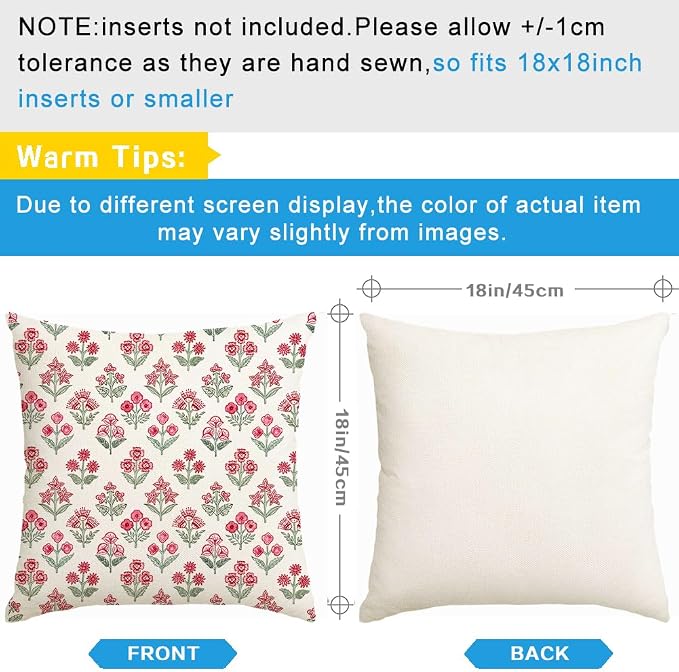 RABUSOFA Red Vintage Floral Summer Pillow Covers Set of 2,Seasonal Flower Oudtdoor Decorative Throw Cuchion Cases Spring Summer Decorations for Home Patio Couch Decor 18x18 Inch