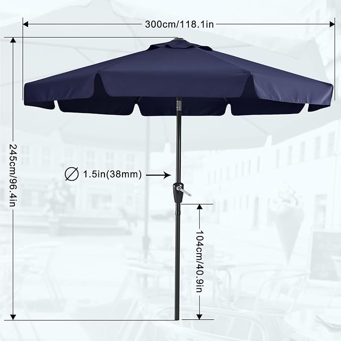 MASTERCANOPY 10ft Patio Umbrella with Valance, Crank and Tilt – 8 Ribs Outdoor Market Umbrella, UV/Fade Resistant, Waterproof Canopy with Wind Vent for Garden, Deck, Backyard, Pool (Navy Blue)