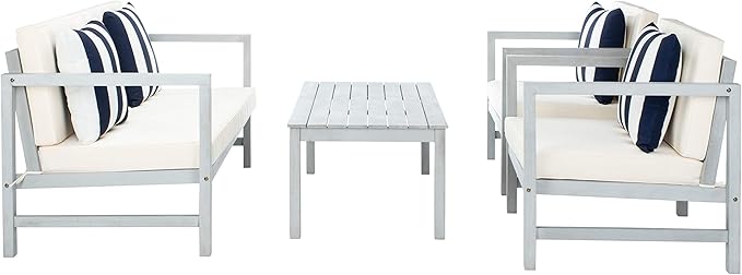 SAFAVIEH Outdoor Collection Montez Grey / Beige Cushions/ Striped Pillows 4-Piece Conversation Patio Set