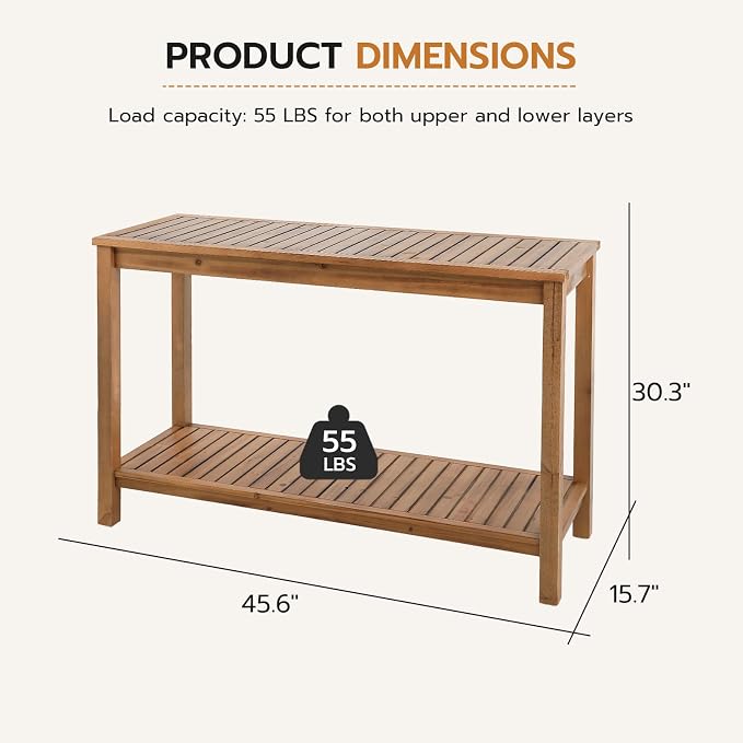 Patio Console Table 2 Shelf - 45'' Outdoor Rectangular Console Table Dining Table Long Bar Table Wooden for Backyard, Balcony, Poolside (Brown)