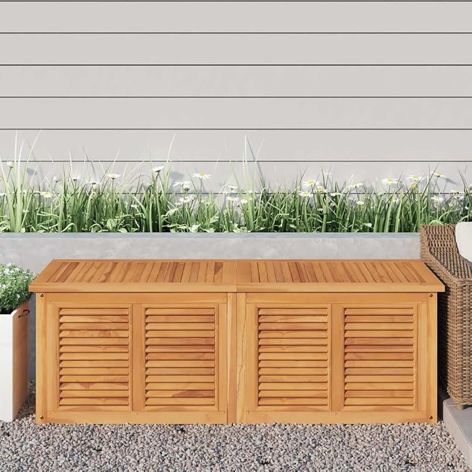 Teak Garden Storage Box Outdoor 59"x59"x22", Solid Teak Wood Deckbox for Patio Cushions & Tools, Louvered Doors Ventilated Brown Outdoor Storage Bench for Backyard, Porch and Balcony