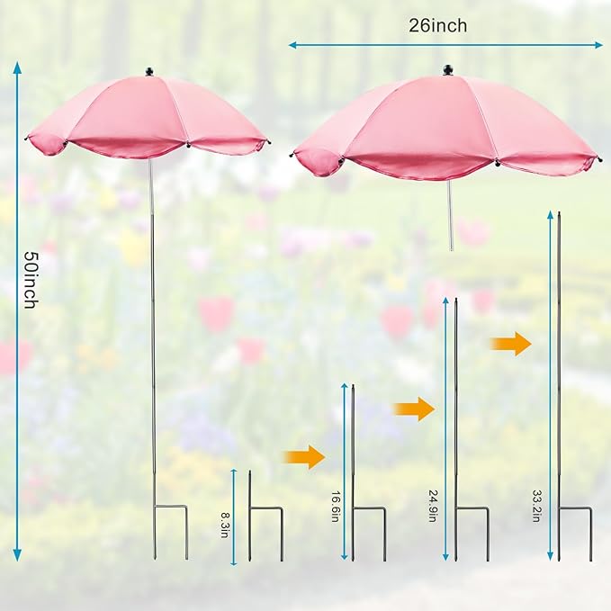 Voccos Upgraded Plant Umbrellas for Outdoor Plants 50" Tall 26" Canopy Adjustable Angle Garden Bed Shade Cover with Sturdy Metal Stake & UV Protection Plant Cover for Potted Plants Flower Pot