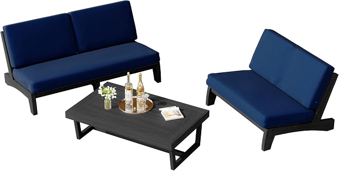 3 Piece Teak Outdoor Patio Frutnire Set, 5 Seater Patio Conversation Sets with Thick Cushions, Outdoor Sectional Furniture with Coffee Table - Navy Blue