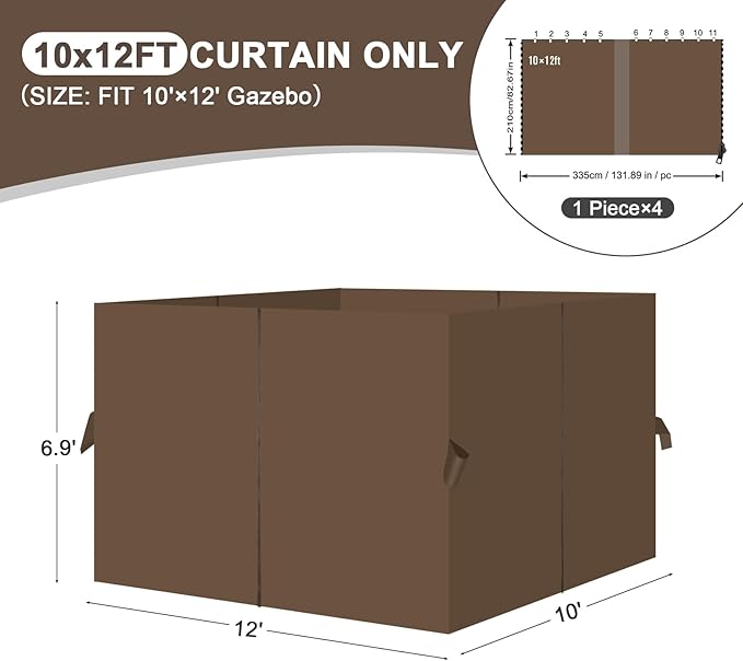 Aoodor 10x12 ft Outdoor Gazebo Curtains, 4 Panels Waterproof Privacy Sidewall Replacement with Zipper for Patio Pergola and Canopy, Brown