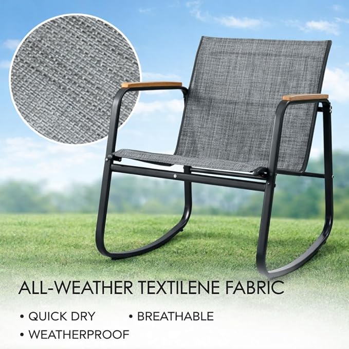 Kozyard 3 Piece Rocking Chair Set, Outdoor Rocking Textilene Bistro Set with Wooden Armrests, Outdoor Patio Furniture Set with Glass Table for Lawn, Porch, Yard, Garden, Balcony, Poolside Gray