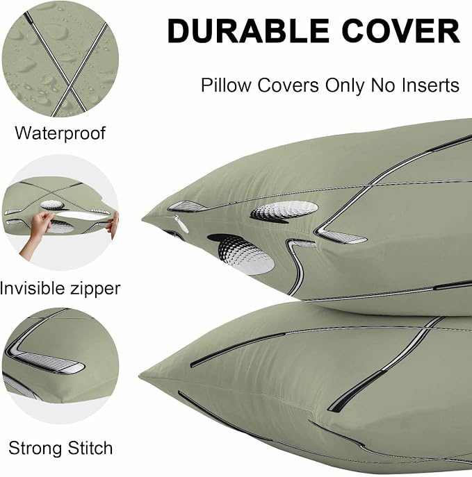 Vandarllin Outdoor Throw Pillows Covers 26x26 inch Set of 2 Waterproof Golf Ball Club Decorative Zippered Cushion Covers for Patio Furniture, Game Sports Sage Green Lumbar Pillowcases