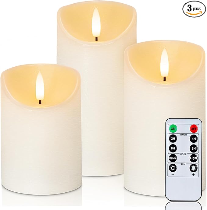 Homemory Flickering Flameless Candles, Realistic LED Candles with Remote and Timer, Textured Wax with Water Ripple, Battery Operated Wax Candles, Set of 3, Ivory