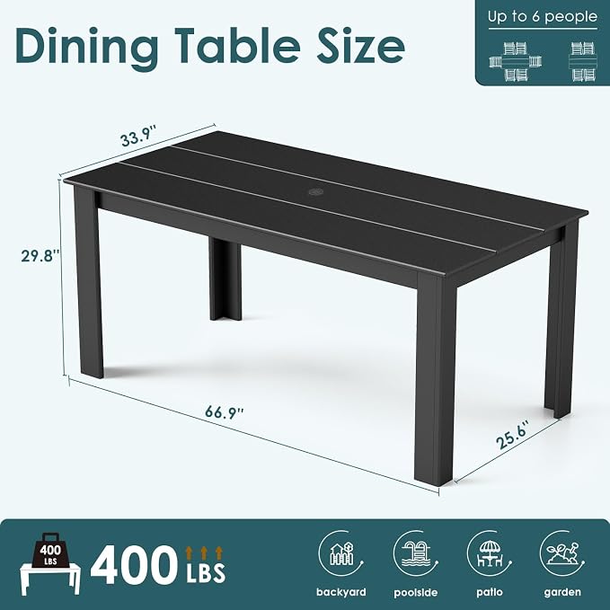 IVY&LANE Outdoor Dining Table | HDPE | 67’’ Rectangle Tables | Black | All Weather | Umbrella Hole | Patio Furniture | for Poolside Lawn Garden Backyard