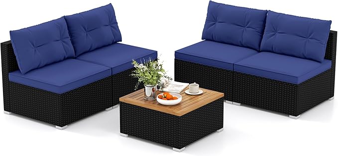 HAPPYGRILL 5 Pieces Patio Rattan Sofa Set, Outdoor Furniture Set with Seat & Back Cushions, Square Coffee Table with Acacia Wood Tabletop, Wicker Patio Conversation Set, Navy