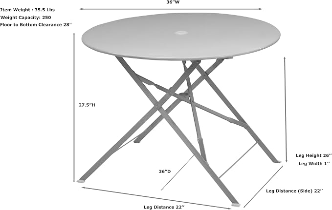 Carolina Chair & Table Round Folding Outdoor Bistro Table with 2" Umbrella Hole - Space Saving Fold Flat Design, Powder Coated Steel Patio Dining Table - Weather Resistant Garden Furniture(White,36")