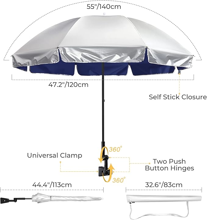 G4Free UPF 50+ Universal Clamp On Umbrella Adjustable Outdoor UV Protection Beach Chair Umbrella for Strollers, Wheelchairs, Patio Chairs, and Golf Carts