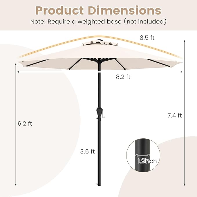 8.5 FT Patio Umbrella Outdoor Table Umbrella, Market Umbrella with Crank Handle, 8 Sturdy Ribs, Air Vent & Sun-Protective Canopy, Parasol for Garden, Backyard, Deck & Pool