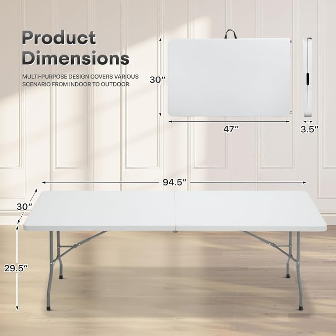 Athena Collection 8ft Folding Table, Lightweight Portable Desk with Handle, Square Foldable Plastic Table for Card Games, Collapsible Dining, Indoor Outdoor Camping Picnic & Party Use, White