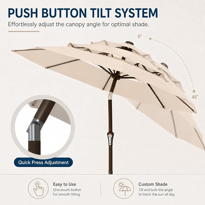 10ft Patio Umbrella, 3-Tier Vented Outdoor Table Umbrella with 8 Sturdy Fiberglass Ribs, Windproof Market Umbrella with Push Button Tilt and Crank, UV Protection for Deck, Pool, Beige