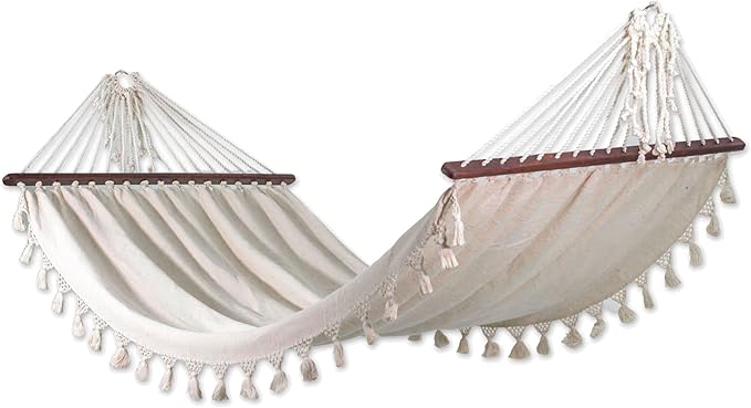 NOVICA Ivory White Cotton Fabric 1 Person Brazilian Style Hammock with Spreader Bars and Knotted Crochet Fringe, 'Take Me to The Sky' (Single)