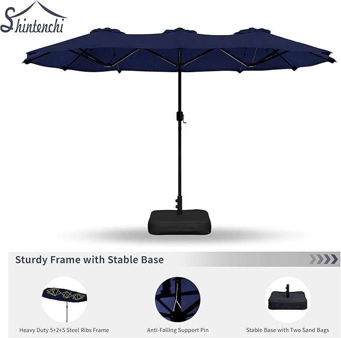 Shintenchi 16FT Large Patio Umbrella with Base Included, Outdoor Double-Sided Rectangular Shade with Crank Handle for Poolside Lawn, Deck & Garden, Dark Blue