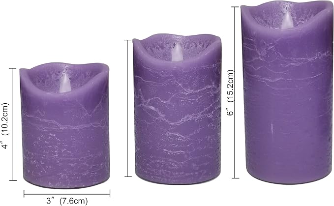 CANDLE CHOICE Battery Operated Flameless Candles with Timer Real Wax Realistic Flickering Electric LED Pillars Automatic Built-in Daily Cycle 6-hour on 18-hour off 3 PCS Rustic Texture Lavender Purple