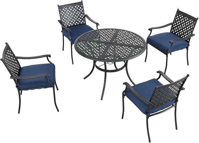 Festival Depot 5 Piece Patio Dining Set Metal Chairs with Seat Cushions and Round Iron Table with Umbrella Hole All Weather Outdoor Furniture for Bistro Deck Garden (Blue)