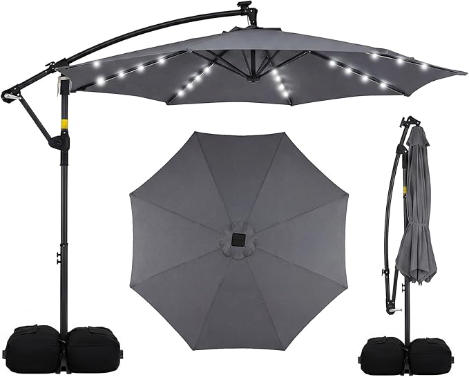 Tangkula 10ft Solar Patio Umbrella with Base Included, Offset Cantilever Outdoor Umbrella with 32 LED Lights, 360 Degree Rotation, Crank Handle for Pool Deck Garden Backyard (Gray)