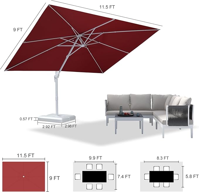 PURPLE LEAF 9' × 11.5' Patio Umbrella With Base White Cantilever Umbrella Square Outdoor Offset Windproof with 360° Rotation for Garden Deck Pool, Ruby Red