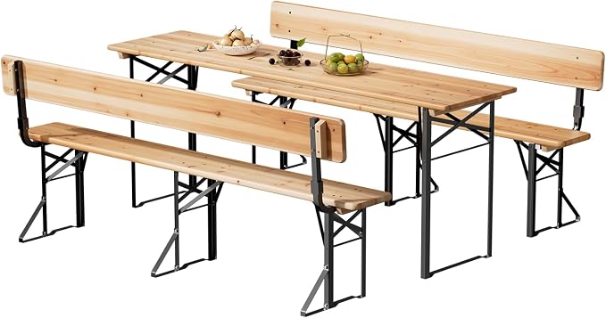 VINGLI 70 Inch Folding Picnic Tables and Chair Set with Backrest Bench, Weather-Resistant Wooden Beer Garden Table Bench, 3-Piece Portable Fold Up Camping BBQ Table,Natural Wood Color