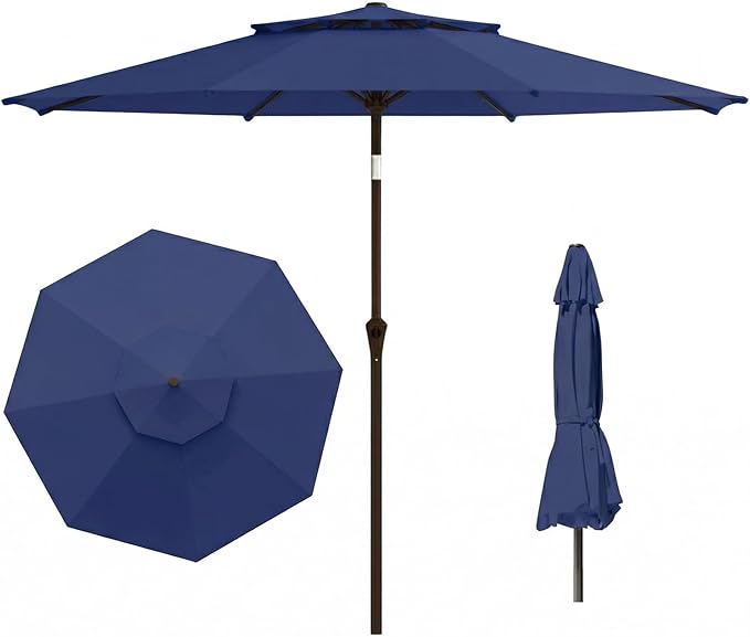 Outdoor Patio Umbrella, 2 Tiers Market Table Umbrella with 8 Sturdy Ribs, Push Button Tilt and Crank, UPF50+ UV Protection for Deck, Pool, Garden and Backyard