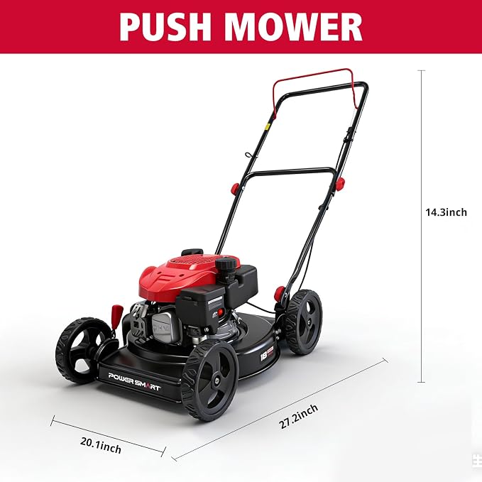 PowerSmart EasyCut 18-Inch Gas Lawn Mower, 144cc OHV Engine, Durable Steel Deck, Walk-Behind Push Mower with Side Discharge, 5-Position Height Adjustment, Lightweight Design for Small Yard