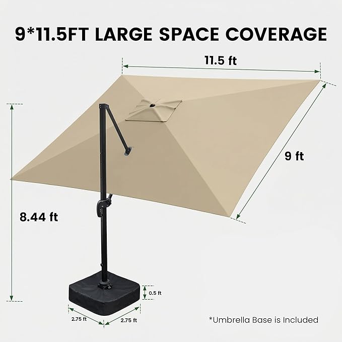 Olilawn 2 Pack 9' X 12' Patio Umbrella with Base Included, Large Outdoor Cantilever Offset Patio Umbrellas Rectangular Aluminum Umbrella with 360-degree Rotation & Infinite Tilt Adjustment for Poolside Luxury, Hosting, Backyard BBQ,Beige