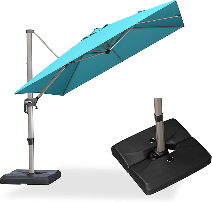 PURPLE LEAF 9' X 9' Patio Umbrella Outdoor Cantilever Umbrella, Aluminum Offset Umbrella with Champagne Frame and 360° Rotation for Pool Deck Garden, Turquoise Blue