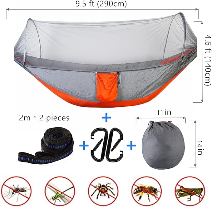 LFL Portable Camping Hammock with Mosquito Net, 1-2 Person Outdoor Swing Hammock, Nylon Parachute Material, Quick Opening Hammock with Net, Hiking Travel Courtyard (Orange)