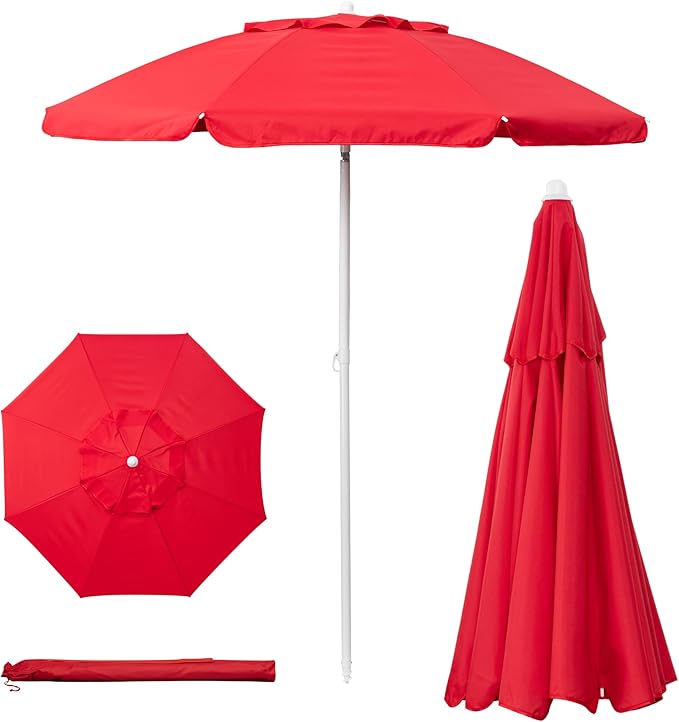 PICNIC TIME 5.5 Ft Portable Beach Umbrella, Lightweight UV Protection Sunshade with Tilt Pole & Carry Bag, Outdoor Canopy Umbrella for Beach, Sand, Pool, Patio, Camping, Travel, or Backyard Shade, (Red)