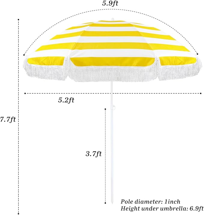 Outdoor Patio Umbrella With Fringe - Holiday Beach Yellow And White Striped Portable Tassel 5.9ft Table UV50+ Protection Sun Shade Garden Waterproof/8 Ribs