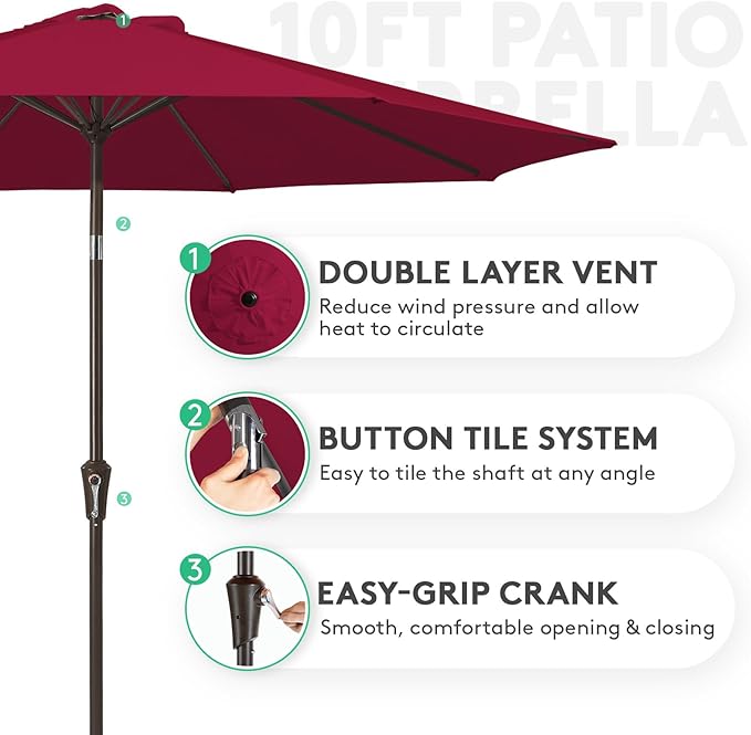 JEAREY 10FT Outdoor Patio Umbrella Outdoor Table Umbrella with Push Button Tilt and Crank, Market Umbrella 8 Sturdy Ribs UV Protection Waterproof for Pool, Garden (Dark Red)