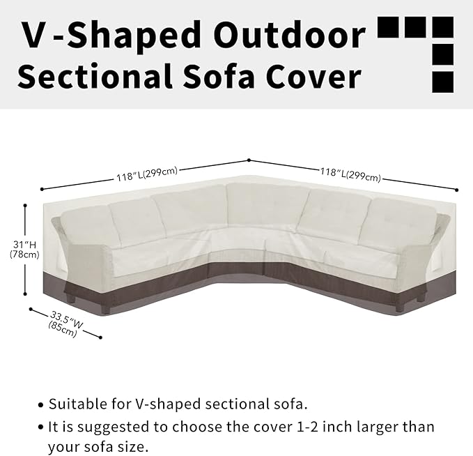 Easy-Going Outdoor V-Shaped Sectional Sofa Cover 118"X118" UV Resistant Patio Sectional Couch Cover Waterproof Lawn Patio Furniture Cover, Beige/Brown