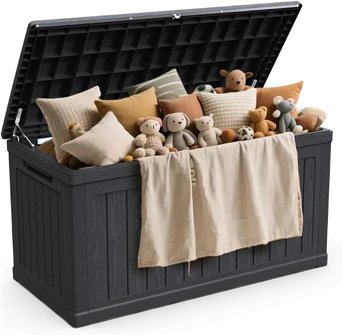 Large Outdoor Storage Deck Box for Patio Furniture, Cushions, Garden Tools and Sports Equipment, Weather-Resistant Resin with Locking Lid (Black + Plastic)