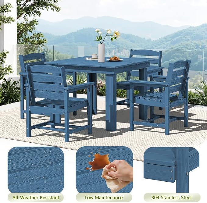 KINGYES 5-Piece HDPE Outdoor Dining Set for 4, Square Patio Table & Armchairs with Umbrella Hole, All-Weather Patio Dining Set for Backyard, Garden, Lawn & Poolside, Blue