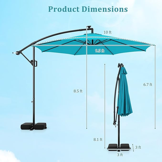 HAPPYGRILL 10 FT Offset Hanging Umbrella with Multi-Colored Flowing LED Lights, 9 Light Modes, Outdoor Patio Cantilever Umbrella with Base, Easy Tilt, 360° Rotation, Crank