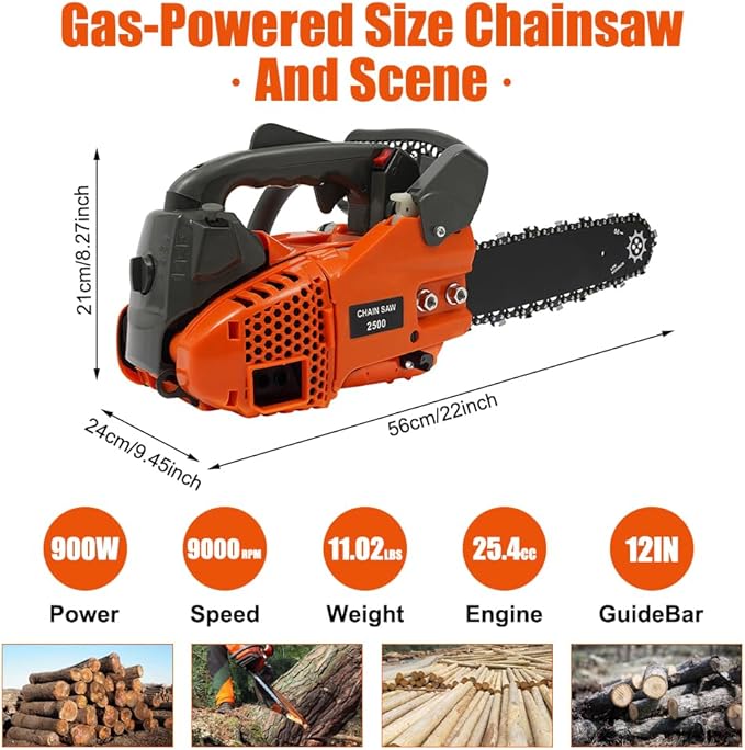 25.4CC Gas Chainsaw 12 Inch Gas Powered Chainsaw 2 Stroke Handheld Petrol Gasoline Chain Saw Cordless Wood Cutting Machine for Cutting Wood Outdoor Home Farm Use