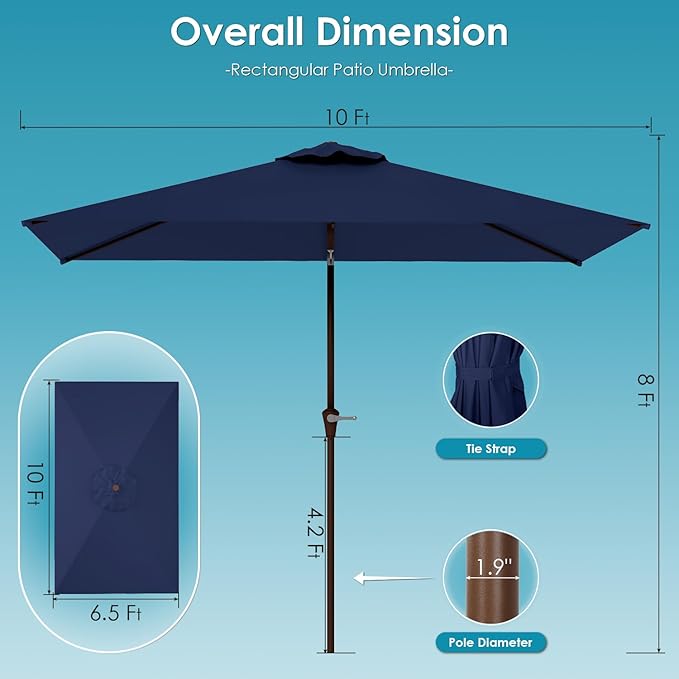 GREENVINES 6.5X10 FT Rectangular-Patio-Umbrella | Outdoor-Table-Umbrellas | 6 Sturdy Steel Ribs | Push Button Tilt & Crank | Waterproof | Market Umbrella | for Pool Backyard Garden Deck | Navy Blue
