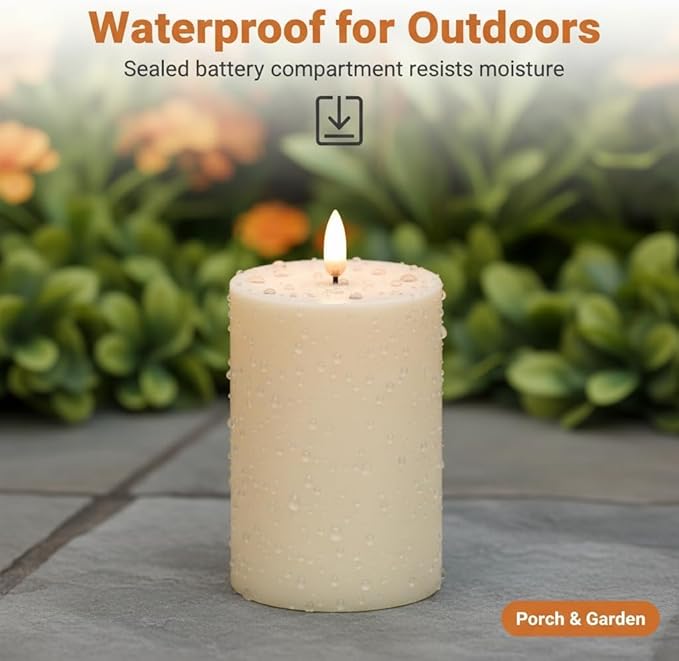 ANGELLOONG Outdoor Battery Candles Waterproof, 2 Pack 3"x4" LED Candles Flickering, Electric Candles with 6H Timer for Porch Decor, Garden Decor Home Styling