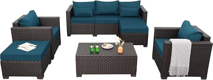 Patio Outdoor Furniture Conversation Sets 6 Pieces Wicker Sofa Set with Outdoor Couch Patio Chairs and Storage Table Non-Slip Cushions Waterproof Covers, Peacock Blue