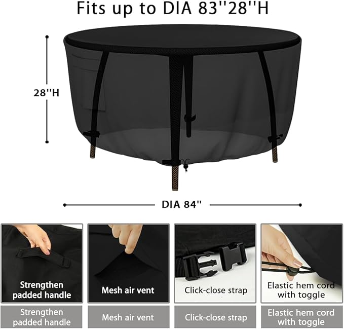 Patio Furniture Covers, Heavy Duty Round Patio Table Cover (84D x 28H Inch) Outdoor Dining & Coffee Table Cover for Veranda, Lawn, Table, Chair-Waterproof & Weather Resistant, Anti UV - Black