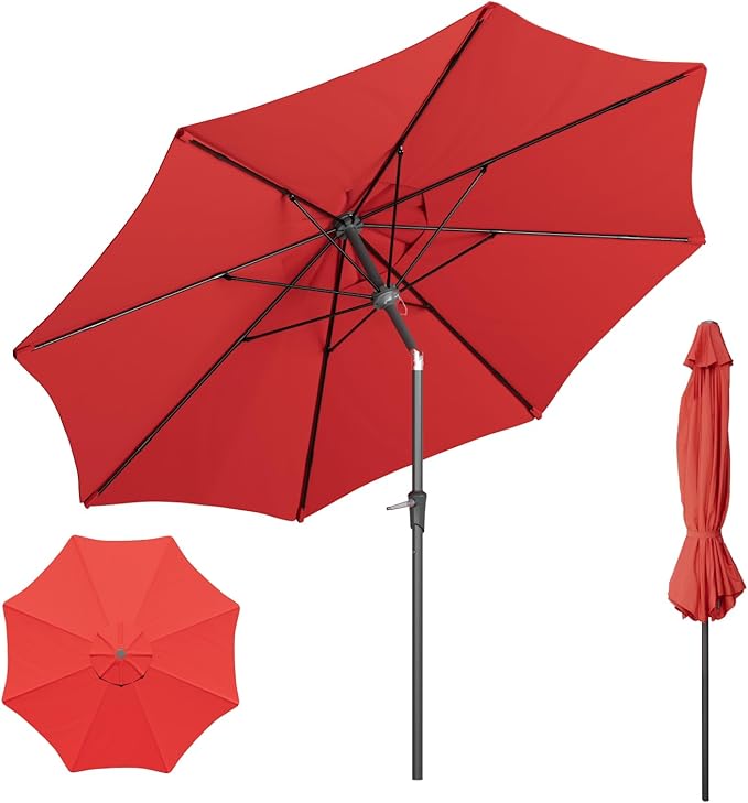 Outdoor Patio Umbrella with One Push Button Tilt and Crank, 8 Sturdy Ribs Market Table Umbrella
