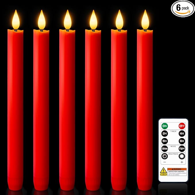 Homemory 6 Pcs Real Wax LED Red Flameless Taper Candles with Remote Timer, 9.6 Inches Fake Candlesticks, Dripless Battery Operated Window Candle with 3D Flickering Flame for Fireplace Xmas Decor