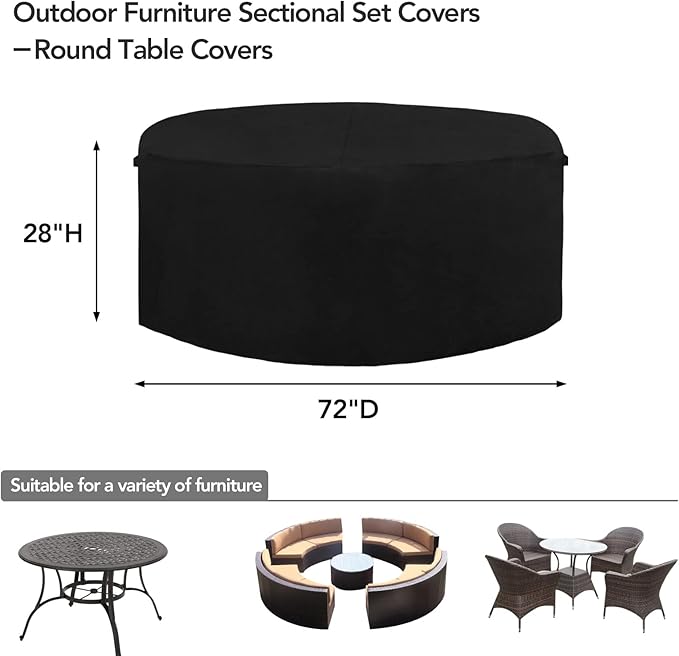 Easy-Going 600D Heavy Duty Round Patio Furniture Cover, Outdoor Table and Chair Set Cover, Waterproof Outdoor Sectional Furniture Set Cover (72" DIAx 28" H, Black)