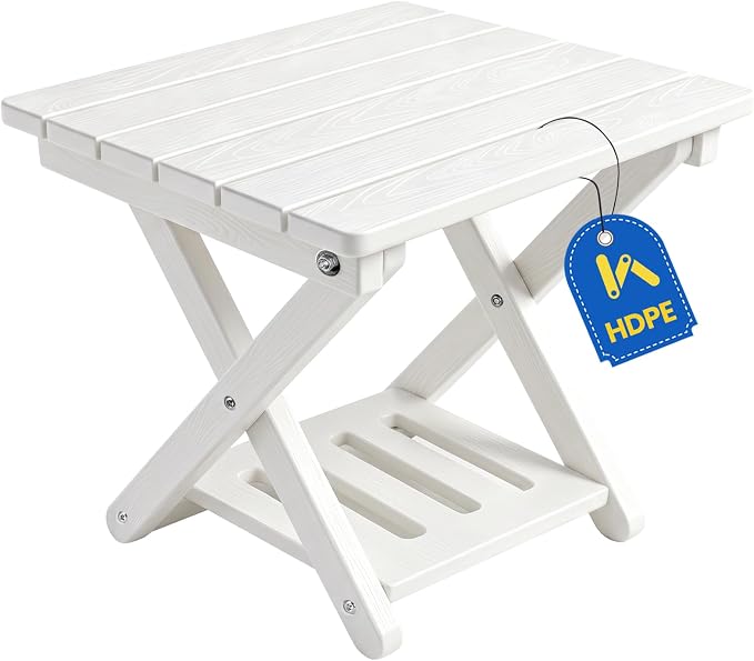 Folding Outdoor Side Table, 2-Tier Storage Heavy Duty HDPE Patio End Table | No Assembly, Weather Resistant, Wood-grain Texture, Easy to Clean, White Porch table