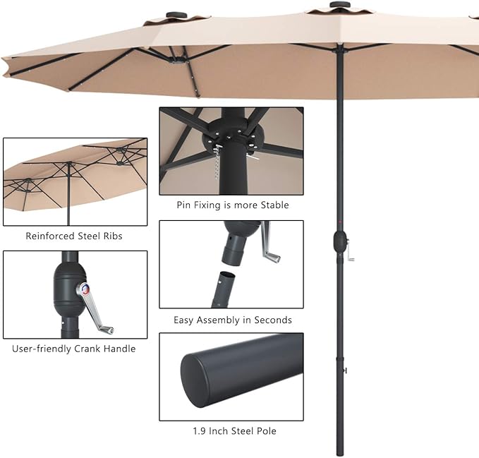 Tangkula 15 Ft Double Sided Patio Umbrella with Solar Lights, Extra Large Rectangle Outdoor Umbrella with 36 LED Lights & Crank Handle for Deck, Poolside, Garden, Backyard (Beige)