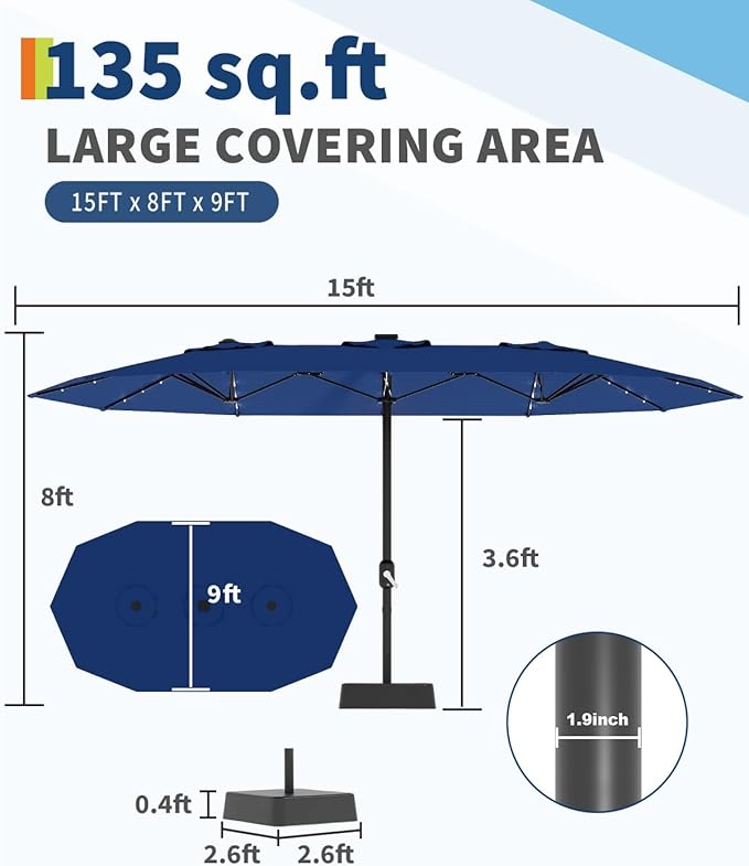 GarveeLife 15 ft Large Patio Umbrella with Lights, 36 LED Lights Double-sided Patio Umbrella with Weighted Base for Poolside Garden Backyard