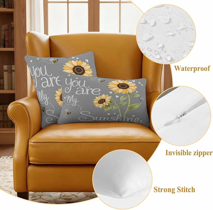 Outdoor Pillow Covers Letters You are My Sunshine Decorative Throw Pillow Covers, Pastoral Sunflowers on Gray Throw Cushion Case with Zipper for Patio,Couch,Sofa,Garden 16x16in Set of 2